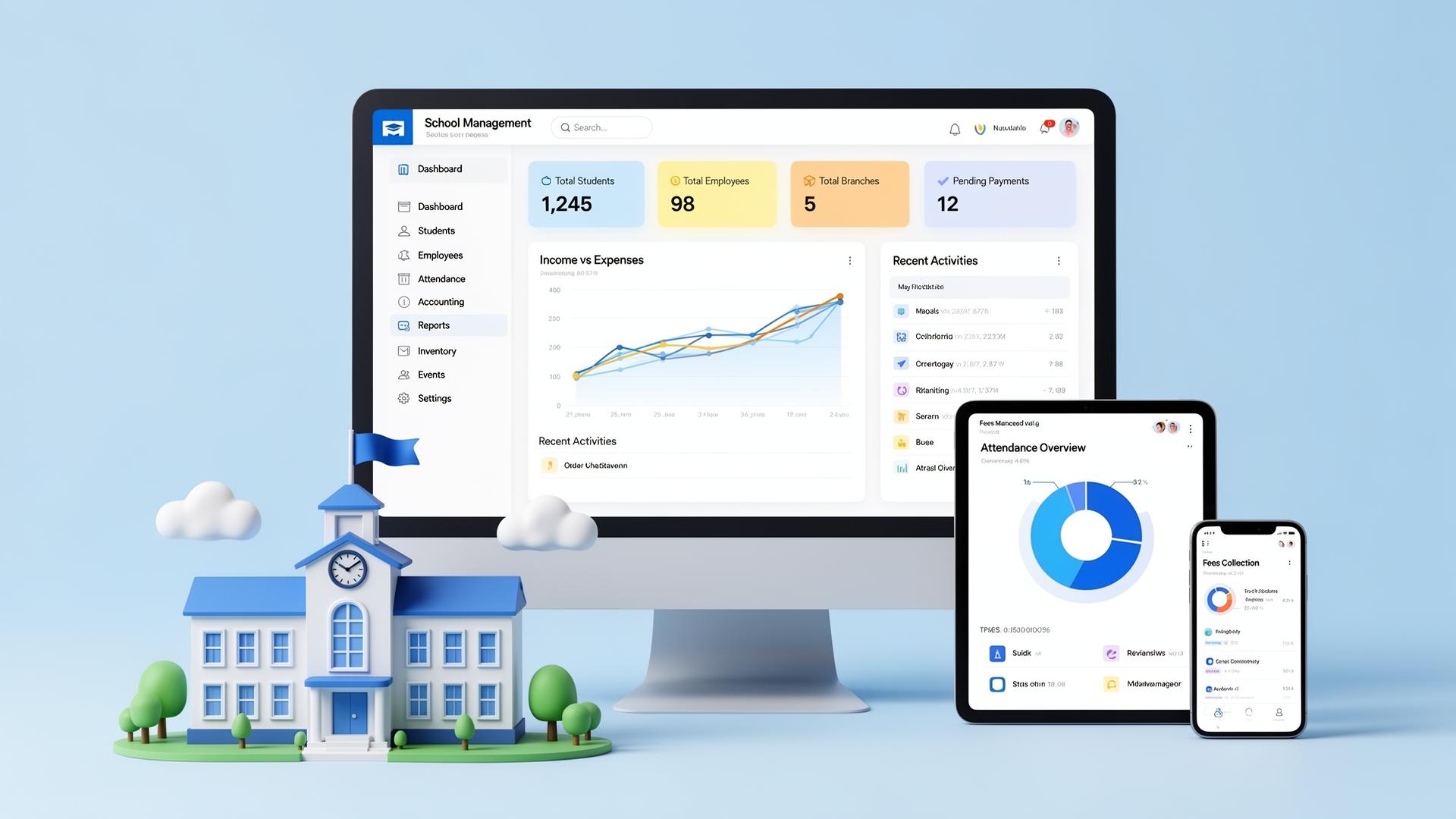 schoolboss.ph dashboard preview with school illustration